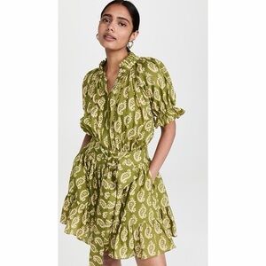 Olive Paisley Tie-Waist Mini Dress